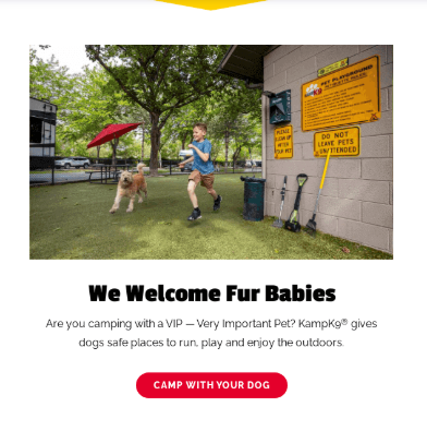 KOA’s Spring email newsletter featuring a welcome message